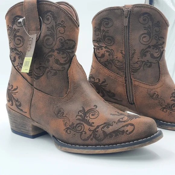 ROPER Vegan Leather Western Boots NWT New Cowgirl Western Cowboy Cognac 6 Design - Picture 2 of 11